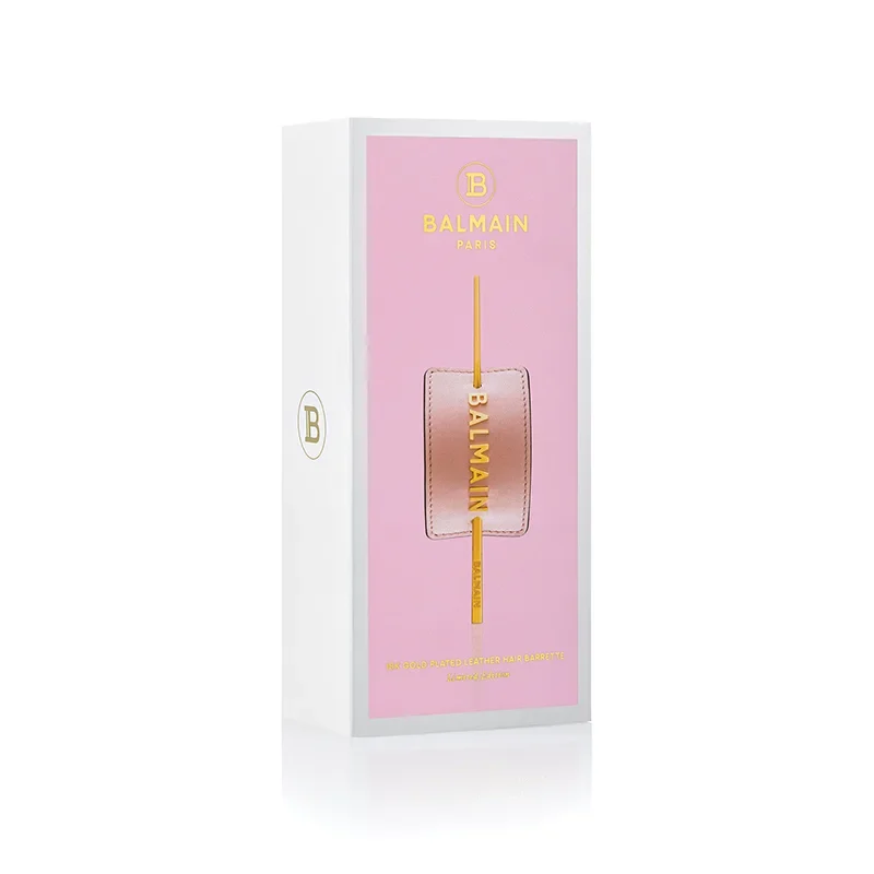 BalmainHair_Accessories_HairBarrette_LimitedEdition_SpringSummer20_PastelPink_GoldLogo_Box_800x800